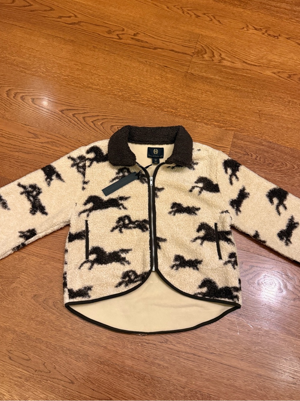 NWT House of Harlow 1960 Horse Horses Fleece Jacket Cream Brown Size Medium